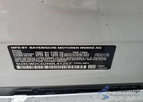 2022 BMW X7 xDrive40I z USA, uszkodzony, nr VIN 5UXCW2C02N9L41257